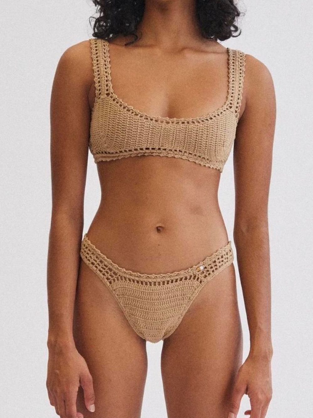 She Made Me Tan Crochet Bikini Set